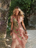 Women's Loose White Dress Creative Pattern Deep V Short-Sleeved