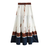 Women 2 Piece Set Elegant Tie Dye Printed Batwing Long Sleeve Turn Down Shirts Tops With High Waist A Line Midi