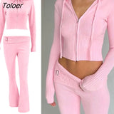 Women Spring Outfits Casual Zipper Sweater Hoodie Set High Waist Flare Pants Suits Pink Knitted Womens Y2k Two Piece