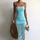 Mesh See Through Slit Maxi Dress Elegant Outfits for Women Summer Club Party Sleeveless Spaghetti Strap