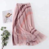Fashion Patchwork Striped Print Pleated Skirt Elegant Office Lady Commute All-match Elastic High Waist Tulle Midi