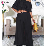 Off Shoulder Slash Ruffle Crop Top Wide Leg Pants Set Elegant Beach Matching Set Two Piece Set Sexy Outfits