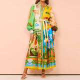 Women's Temperament Print Lantern Sleeve Belt Shirt Dress Dress