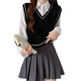 New College Style With Long-Sleeved Shirt Women's Short Splicing Fake Two Knitted Vest Tops Women's