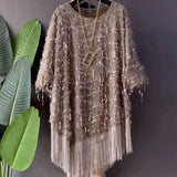 Women's Clothing Irregular Tassel Blouse Chic Sequined Spliced Commute Korean Loose Spring Autumn O-Neck Casual 3/4 Sleeve