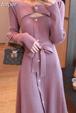Knitting One Piece Dresses Women Casual Long Sleeve Button Sweater Midi Dress Elegant Female Office Korean 2023