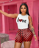 Printed Casual O-Neck Sleeveless Crop Top Letter Print Two Piece Shorts