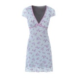 Sexy Light Blue Flocking Flower Bow Binding Deep V neck Mesh Mini Dress Woman Short Sleeve Package Hips Party Robe Bodycon-Outfit
