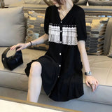 Casual V-Neck Lace Patchwork Mini Dress Summer Short Sleeve Fashion Single-breasted Women's Clothing Korean A-Line