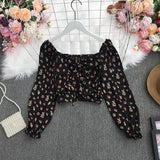 New Spring Fashion All-match square collar puff sleeve Shirt drawstring ruched Long Sleeve Shirt