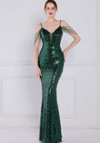 Vintage Strap Sleeveless Solid Sequined Mermaid Evening