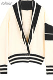 Patchwork Coat For Women V Neck Lantern Long Sleeve Striped Hit Color Knitting Cardigan Female 2023 Autumn New