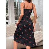 Cherry Print Medium And Long Dress Pyjamas Sexy Comfortable Home Clothes