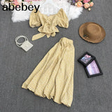 New Summer Fashion V-neck puff sleeve short Shirt Top + high waist pleated waist floral Skirt 2-piece