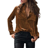 Autumn Pocket Shirt Long Sleeve Plain Satin Solid Single Breasted Women's Shirt Casual Pocket Patchwork Cardigan