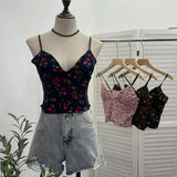 Real Shooting Hottie Deep V-Neck Broken Flower Short-Sized Hong Kong Wind Sling Female Wear With Chest Cushion Small Waistcoat Sleeveless Top