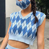 Argyle Plaid Y2k Tank Top Women Fashion Knitted Sweater Undershirt 90S Knitwear Autumn Basic