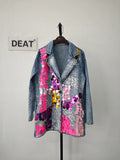 Women's Denim Suit Coat Pink Sequins Crystal Single Breasted Asymmetric Hand-Painted Blazer 2024 Summer New Fashion 29L7127-Outfit
