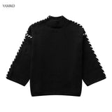Sweater Autumn Round Neck Pullovers Sweater Warm Knitted Chic Contrast Color Splicing Thread Sweater Jumpers Tops-Outfit