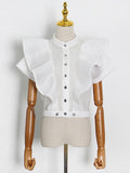 Casual Ruffle Trim Shirt For Women Stand Collar Sleeveless Solid Straight Blouses Female Spring Clothing Style