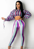 Colorful Striped Puff Sleeve Crop Top and Pants 2pc
