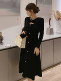 Knitting One Piece Dresses Women Casual Long Sleeve Button Sweater Midi Dress Elegant Female Office Korean 2023