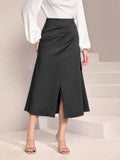 Women's High-Waisted Satin Pleated Split Skirt Solid Color Half Skirt Zipper Fishtail Hip Skirt-Outfit