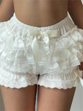 Women y2k Lace Patchwork Shorts Bodycon Ruffles Elastic Waist Shorts Bow Kawaii Harajuku Mini Short Pants Streetwear-Outfit