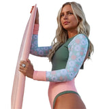 2025 New Swimsuit Solid Color Print Splicing Long-Sleeved Surfsuit Sexy Bareback Swimsuit Woman
