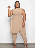 Side Slit Long Shirt and Pants Plus Size 2 Piece