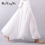 Linen Cotton Vintage Skirt Women Solid Beach Boho Pleated Maxi Skirts Summer Fashion Retro Elastic Waist Saia