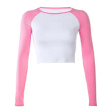 Color Contrast Patchwork Basic Crop Top Shirt Autumn Long Sleeve Rib Knitted Women Tshirts Casual Outfit Tops