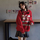 QWEEK Christmas Kawaii Hoodie Women Elk Scenery Graphic Crewneck Sweatshirt Fall 2021 Harajuku Green Long Sleeve Pullover