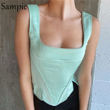 Strap Sleeveless Skinny Sexy Green Casual Tight Women Cropped Corset Tops Summer Mini Vest Bustier Tank Tops