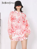 Slim Two Piece Set Womens Lapel Short Sleeve Shirt High Waist Shorts Pants Print Colorblock Sets Female Clothes