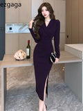 Woman Dress Autumn Winter Vintage Notched Elegant Split Long Sleeve Slim French Style Chic Basic Office Lady Dresses-Outfit
