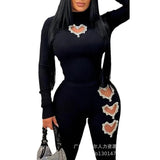 Piece Sets Wome Sexy Solid Pant Set Turtleneck Full Sleeve Slim Fit Tops Hollow Out High Waist Long Pants Sheath 2024-Outfit
