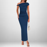 Summer Women's Temperament Elegant Fashion Sexy Solid Color Oblique Shoulder High-Waisted
