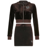 Y2K Sweet Heart Velvet Diamond Hoodies Women Spring Autumn Hooded Jackets Zip Up Long Sleeve Cropped Top