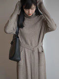 Loose Thick Winter 2023 Turtleneck Knitting Sweater Midi Dress for Women Long Sleeve Lace Maxi Dresses Oversize