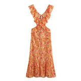 Fashion Women Flower Print Wood ears Strap Backless Tank Long Dress Women Hollow Out Lacing up Bow Back Swing Party Robe-Outfit