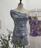 Net Yarn Printed Slanted Shoulder Sling Vest Retro Design Folding Temperament Short Blouse