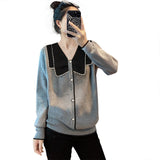 Clothing Korean Solid Color Sweaters Casual V-Neck Sweet Bow Patchwork 2023 Autumn Button Commute Loose Knitted