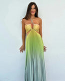 New Summer Gradient Hanging Neck Fold Fashion Dress Ladies Beach Holiday