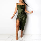 Satin Summer Dress Women Party Sexy Summer 2021 Drawstring Spaghetti Straps Cowl Neck Backless Long