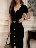 Multi-Clause Dress Knitted Solid-Colored Short-Sleeved Retro Elegant Knitted-Up-Buttoned Dress