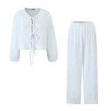 pieces 1 Set 2024 Spring Summer Holiday Bow Lacing up Loose Long Sleeve Shirt + Elastic Waist Wide Leg Straight Pants Beach-Outfit