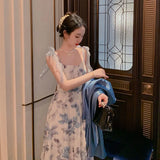 Strap Floral Midi Dress Women Vintage Sweet Print Slip Princess Long Dress Classy Party Holiday Fairy Dress Summer