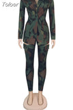 Camo Printed Vintage 2 Piece Outfit Women Long Sleeve Blazer Top+Long Socks Sweatsuits Autumn Winter Matching Set