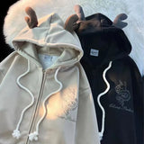 trendy brand Year of the Dragon embroidered hoodie men jacket loose autumn and winter oversize couple velvet sweatshirt-Outfit